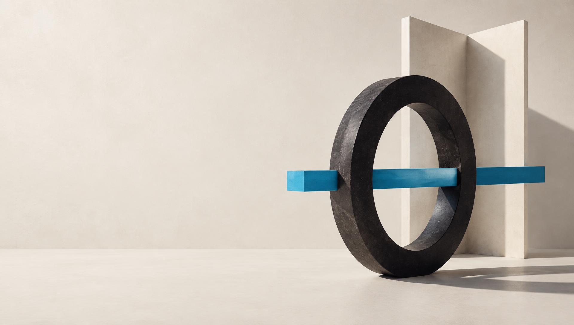 Architectural study: a charcoal ring intersected by a blue beam, symbolizing connected creativity and technology